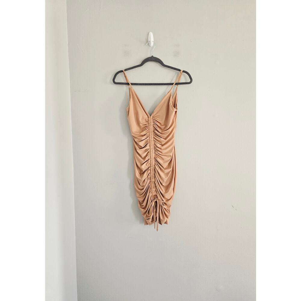 Tiger Mist Tan Bodycon Runched Mini Dress M - Picture 4 of 4